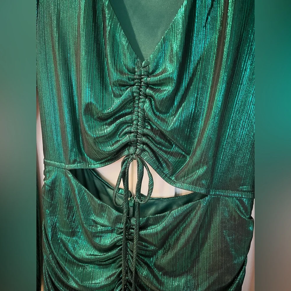 Sugarlips Cannes Liquid Satin Ruched Cut Out Green Midi Dress | Large